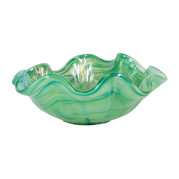 Onda Glass Green Ruffled Round Bowl