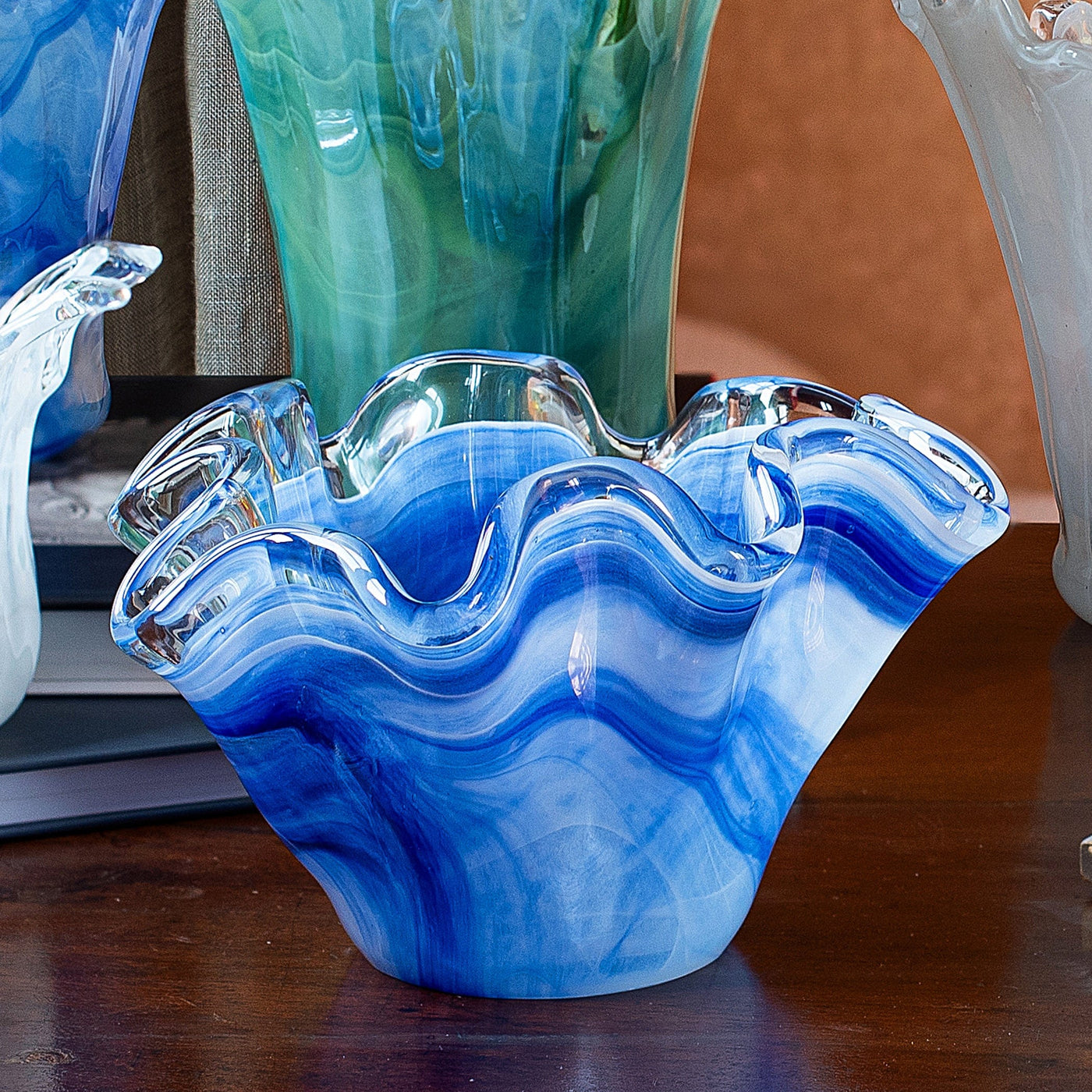 Onda Glass Cobalt Petite Ruffled Bowl