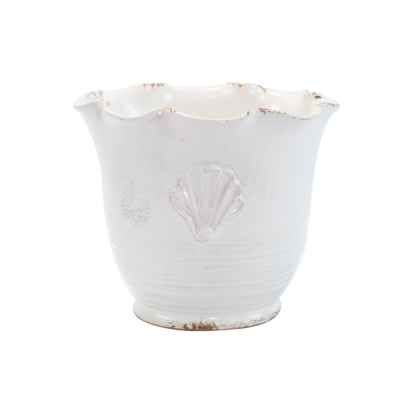 Rustic Garden White Small Scallop Planter with Emblem White