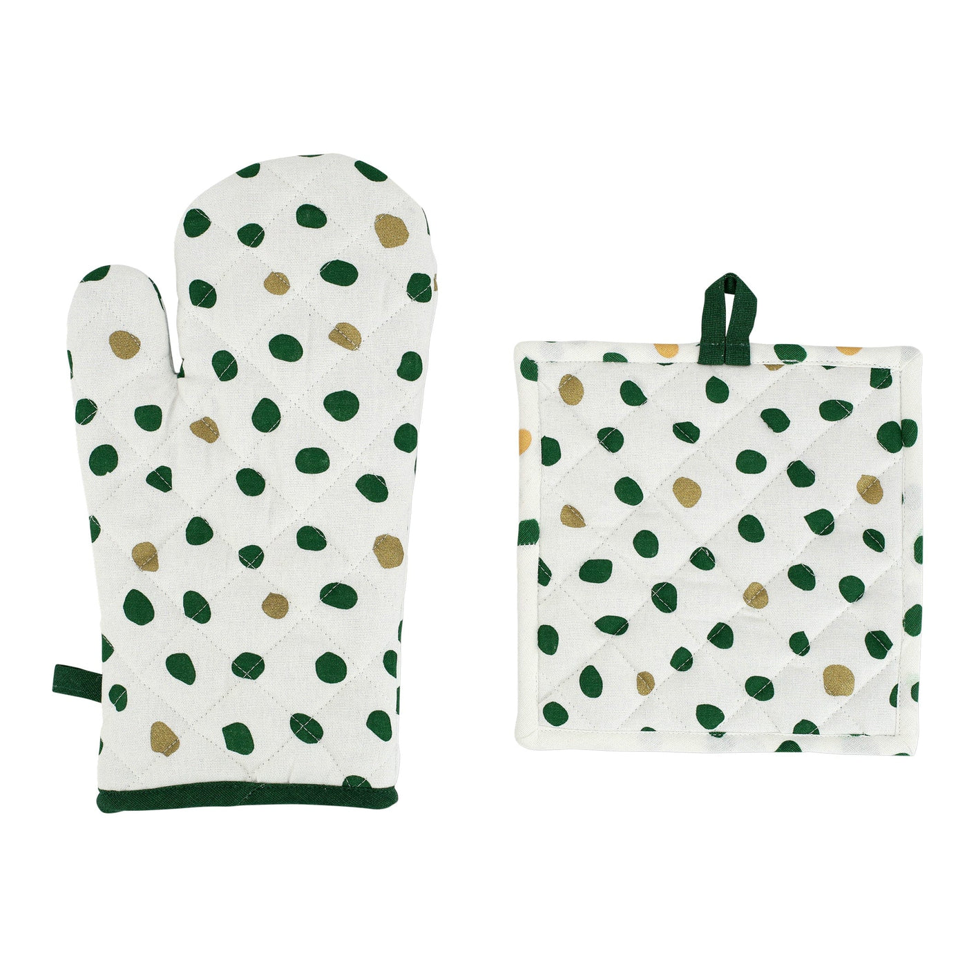 Bohemian Linens Dot Green/Gold Oven Mitt & Potholder