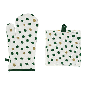 Bohemian Linens Dot Green/Gold Oven Mitt & Potholder