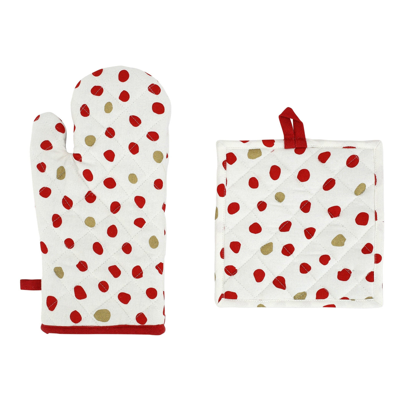 Bohemian Linens Dot Red/Gold Oven Mitt & Potholder