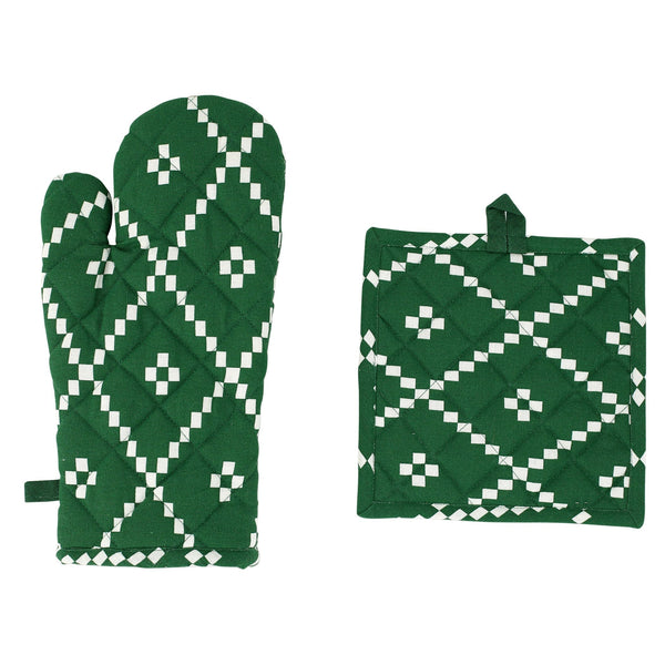 Bohemian Linens Holiday Green Oven Mitt & Potholder