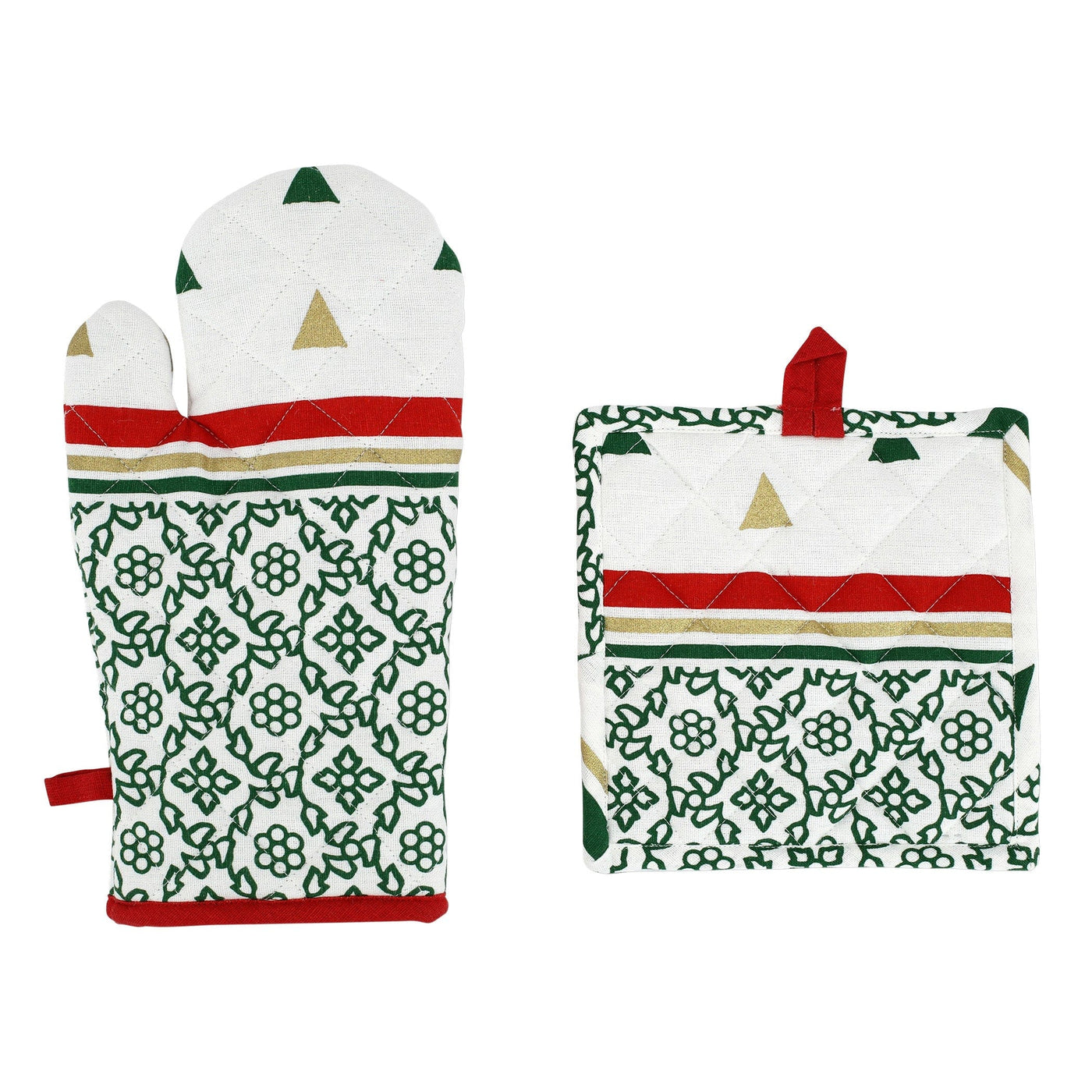 Bohemian Linens Tree Green/Gold Oven Mitt & Potholder