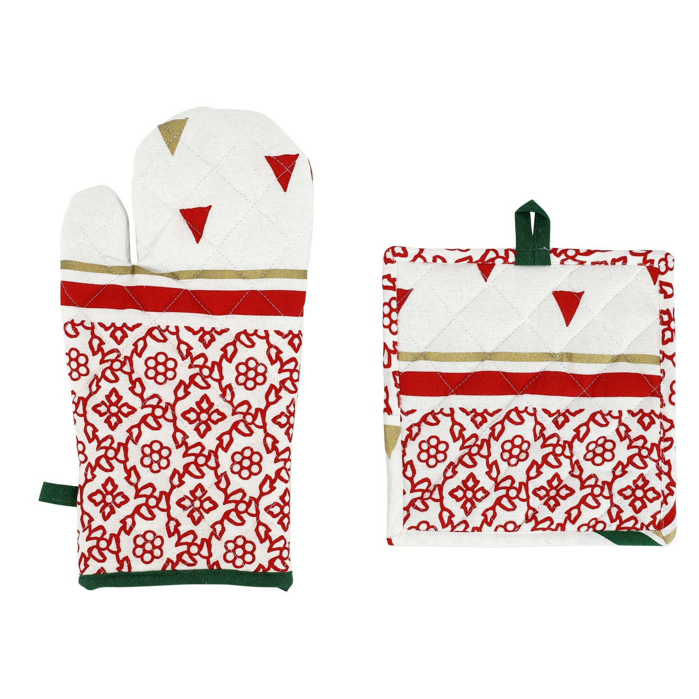 Bohemian Linens Tree Red/Gold Oven Mitt & Potholder