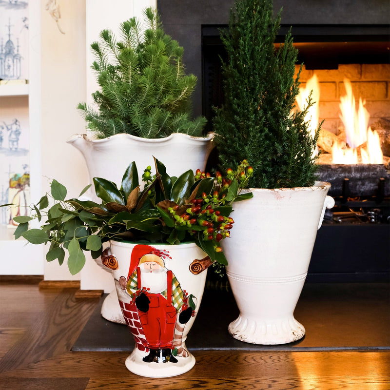 Old St. Nick Footed Urn with Chimney & Stockings