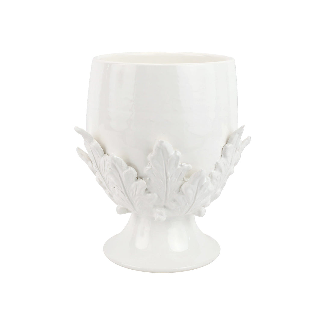 Rustic Garden White Acanthus Leaf Medium Footed Cachepot